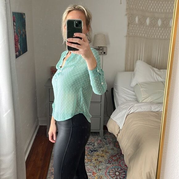 J Crew Dash Dot‎ Green White Sheer Blouse Size XXS - Picture 4 of 8